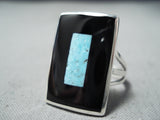 Eye Catching Zuni Native American Turquoise Jet Sterling Silver Ring-Nativo Arts