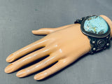 Awesome Native American Navajo Signed Pilot Mountain Turquoise Huge Sterling Silver Bracelet-Nativo Arts