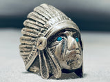 Heavy Mens Chief Head Vintage Native American Navajo Turquoise Sterling Silver Ring-Nativo Arts