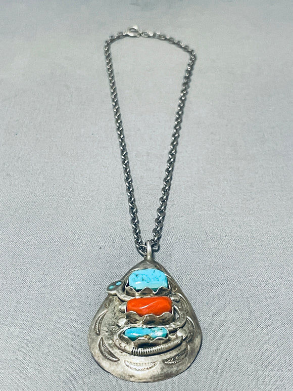 Awesome Vintage Native American Zuni Blue Gem Turquoise Coral Sterling Silver Snake Necklace-Nativo Arts