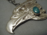 Huge Vintage Native American Navajo Green Turquoise Sterling Silver Eagle Necklace-Nativo Arts