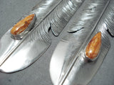 So Long Vintage Native American Navajo Spiny Oyster Sterling Silver Feather Earrings-Nativo Arts