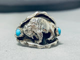 Intricate Native American Navajo Blue Gem Turquoise Sterling Silver Buffalo Ring-Nativo Arts