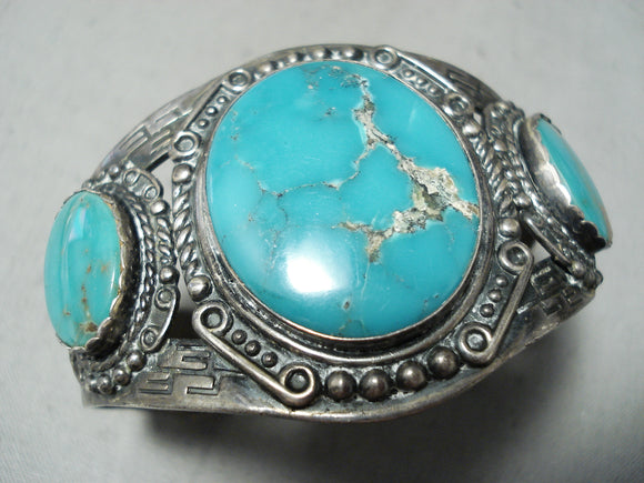 Rare Earlier Vintage Native American Navajo Turquoise Triple Sterling Silver Bracelet-Nativo Arts