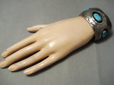 Huge Vintage Native American Navajo Hand Tooled Sterling Silver Turquoise Bracelet Old-Nativo Arts