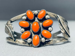 Beautiful Vintage Native American Navajo Coral Flower Leaf Sterling Silver Bracelet-Nativo Arts