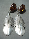 Rare Detailed Intricate Native American Navajo Feather Sterling Silver Amber Earrings-Nativo Arts