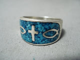 Beautiful Vintage Native American Navajo Christian Cross Sterling Silver Turquoise Fish Ring-Nativo Arts