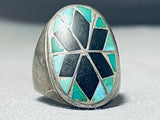 Native American One Of Best Early Thicker Vintage Navajo Turquoise Inlay Sterling Silver Ring-Nativo Arts