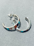 Amazing Vintage Native American Zuni Inlay Blue Gem Turquoise Coral Sterling Silver Earrings-Nativo Arts