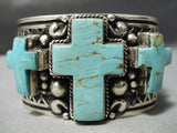 Important Native American Navajo Turquoise Christian Cross Sterling Silver Bracelet Heavy-Nativo Arts