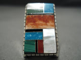 Huge Intricate Native American Navajo Turquoise Inlay Sterling Silver Ring-Nativo Arts