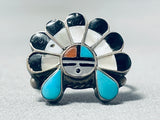Rare Vintage Signed Native American Zuni Inlay Blue Gem Turquoise Sunface Sterling Silver Ring-Nativo Arts