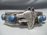 Heavy Detailed Vintage Native American Navajo Wolf Lapis Sterling Silver Bracelet-Nativo Arts