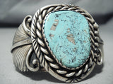 Signed Vintage Native American Navajo Old Morenci Turquoise Sterling Silver Leaf Bracelet-Nativo Arts