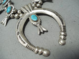 Superior Vintage Native American Navajo Morenci Turquoise Sterling Silver Squashblossom Necklace-Nativo Arts