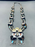 149 Grams 1970's Owl Vintage Native American Zuni Inlay Sterling Silver Squash Blossom Necklace-Nativo Arts