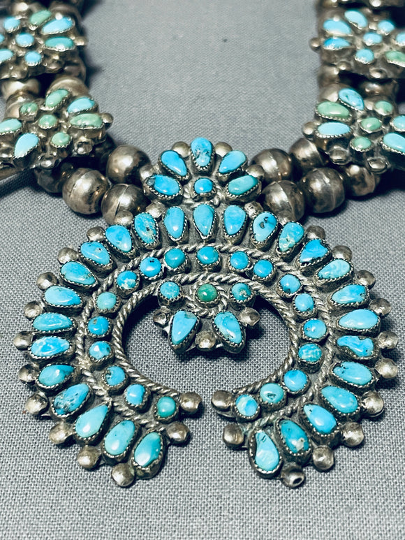 Native American Early Rare Vintage Zuni Turquoise Sterling Silver Squahs Blossom Necklace-Nativo Arts