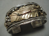 Rare Vintage Native American Navajo Herb Tsosie Gold Leaf Sterling Silver Bracelet Cuff Old-Nativo Arts