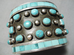Native American One Of Biggest Best Vintage Navajo Turquoise Inlay Sterling Silver Bracelet Old-Nativo Arts