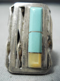 Huge Rare Vintage Native American Zuni Signed Turquoise Sterling Silver Shell Ring Old-Nativo Arts