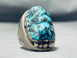 Ravishing Vintage Native American Navajo Carved Godber Turquoise Sterling Silver Ring-Nativo Arts