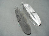 4 Inch Native American Navajo Old Kingman Turquoise Sterling Silver Large Feather Earrings-Nativo Arts