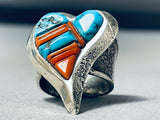 Best Native American Navajo Turquoise Heart Sterling Silver Coral Inlay Ring-Nativo Arts