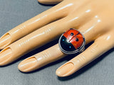 Marvelous Native American Navajo Coral Jet Ladybug Sterling Silver Ben Begaye Ring-Nativo Arts