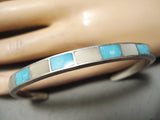 Thick Vintage Native American Zuni Navajo Turquoise Inlaid Sterling Silver Bracelet Old-Nativo Arts