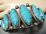 Museum Hand Carved Turquoise Vintage Native American Navajo Sterling Silver Bracelet Old-Nativo Arts