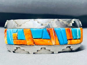 Pueblo Inlay Native American Navajo Turquoise Spiny Oyster Sterling Silver Geomtric Bracelet-Nativo Arts