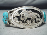 Phenomenal Vintage Native American Navajo Kingman Turquoise Sterling Silver Horses Bracelet-Nativo Arts