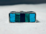 Intricately Inlaid Vintage Native American Navajo Turquoise Sterling Silver Ring-Nativo Arts