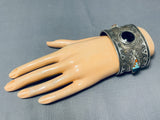 Multi Technique Vintage Native American Navajo Turquoise Sterling Silver Jet Bracelet-Nativo Arts