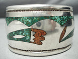 Huge Heavy Hand Tooled Vintage Native American Navajo Green Turquoise Sterling Silver Bracelet-Nativo Arts