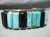 Thick Heavy Vintage Native American Navajo Carico Lake Turquoise Sterling Silver Inlay Bracelet-Nativo Arts