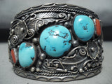Monster Signed Vintage Native American Navajo Turquoise Coral Sterling Silver Bracelet-Nativo Arts