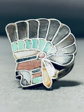 Opulent Detail Vintage Native American Zuni Chief Turquoise Sterling Silver Ring Old-Nativo Arts
