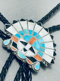 Important Older Vintage Native American Zuni Turquoise Sunface Sterling Silver Inlay Bolo Tie-Nativo Arts