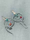 Unique Native American Navajo Turquoise Coral Sterling Silver Dream Catcher Earrings-Nativo Arts