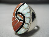 Huge Heavy Zuni Native American Opal Coral Sterling Silver Ring-Nativo Arts