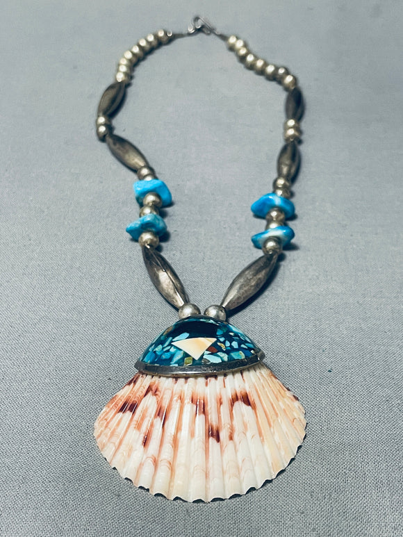Native American Beautiful Vintage Navajo Turquoise Inlay Sterling Silver Necklace-Nativo Arts