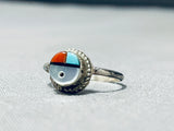 Very Intricate Vintage Native American Zuni Turquoise Coral Sterling Silver Sun Ring-Nativo Arts