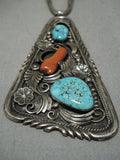 Magnificent Vintage Native American Navajo Turquoise Coral Sterling Silver Necklace Old-Nativo Arts