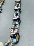 149 Grams 1970's Owl Vintage Native American Zuni Inlay Sterling Silver Squash Blossom Necklace-Nativo Arts