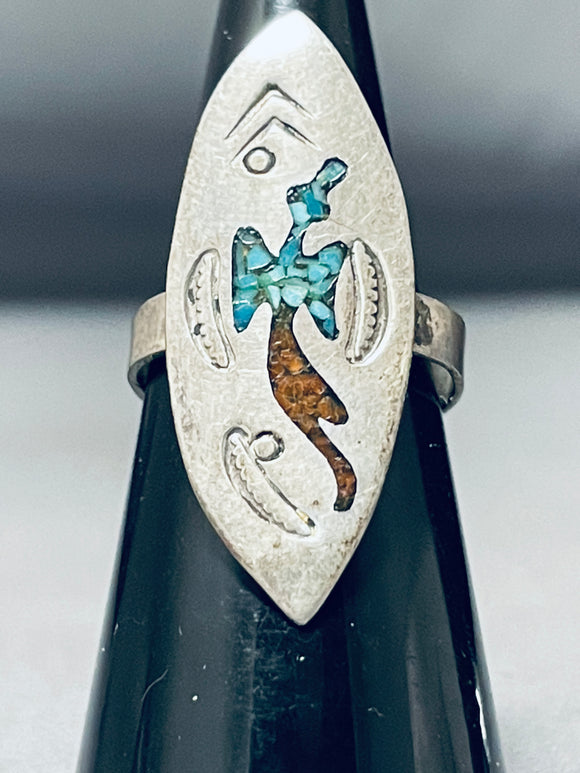 Authentic Vintage Native American Navajo Turquoise Coral Inlay Sterling Silver Ring Old-Nativo Arts
