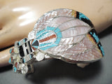 Superb Zuni Native American Turquoise Textured Inlay Sterling Silver Bracelet-Nativo Arts