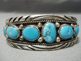 Rare Wide Wave Stamp Vintage Native American Navajo Blue Turquoise Sterling Silver Bracelet Old-Nativo Arts