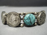 Very Rare Turquoise Vintage Native American Navajo Sterling Silver Coin Bracelet Old-Nativo Arts